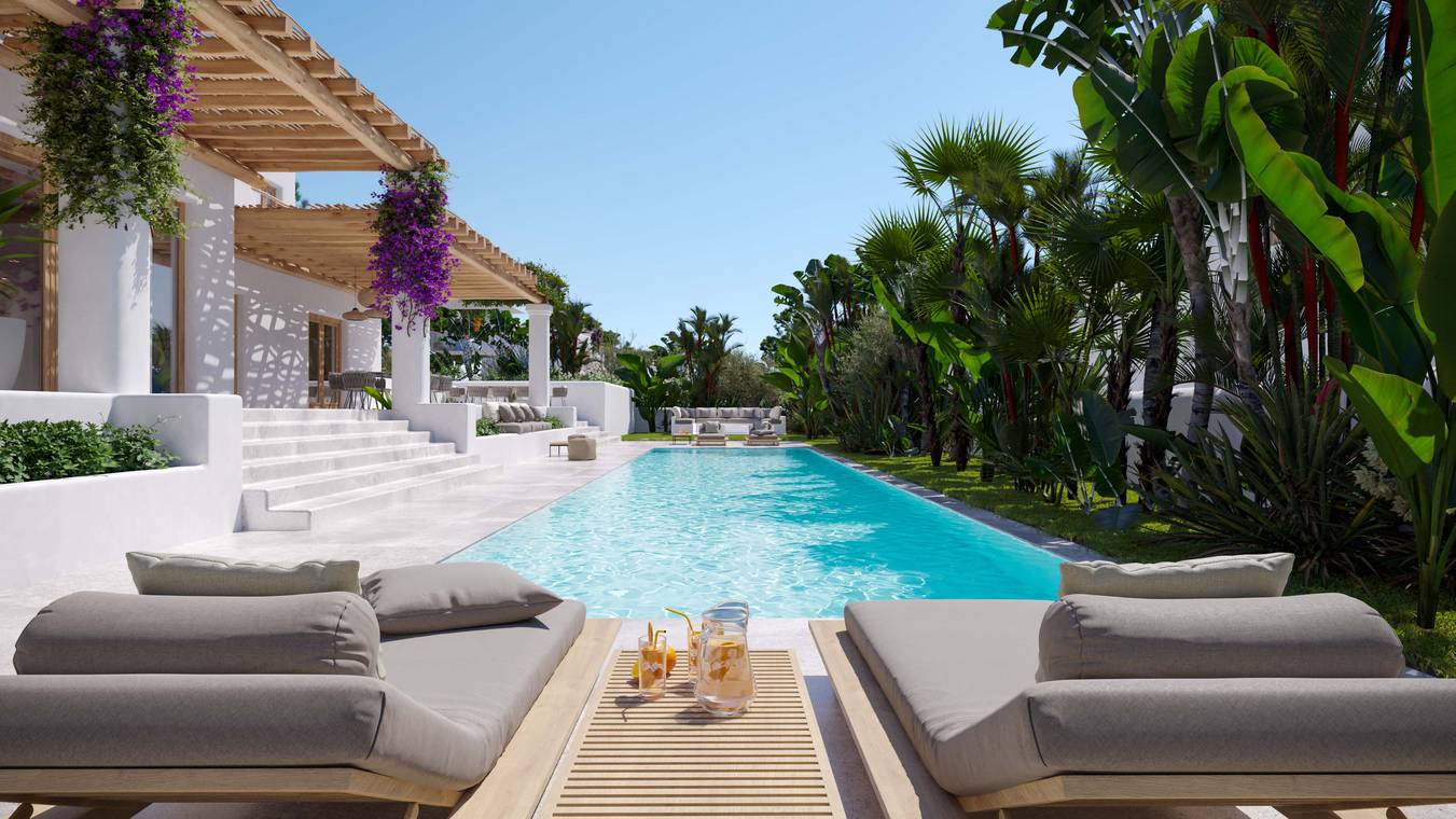 Μπροστινή όψη σύγχρονης μεσογειακής πολυτελούς βίλας με πισίνα – φωτορεαλιστική αρχιτεκτονική απεικόνιση στην Ίμπιζα