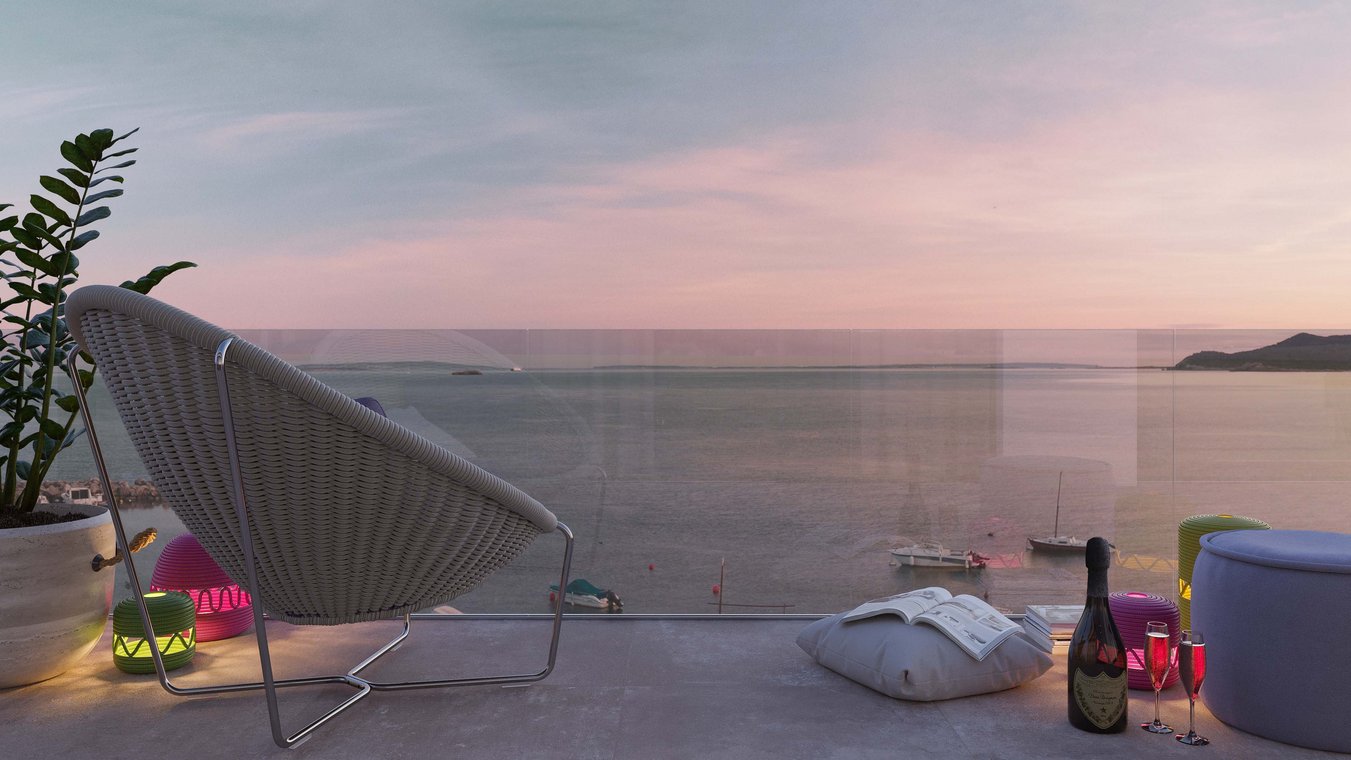 Βεράντα με ψάθινη καρέκλα, σαμπάνια και ηλιοβασίλεμα στη θάλασσα, ρομαντική 3D απεικόνιση από gmsvision