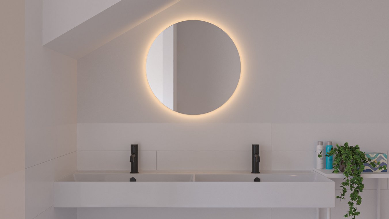 Μπάνιο με διπλό νιπτήρα, στρογγυλό καθρέφτη και κομψό φωτισμό