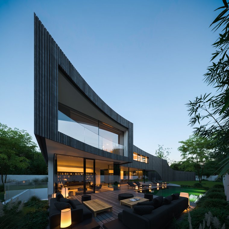 Αρχιτεκτονικός φωτορεαλισμός Gardenstraße – μοντέρνα αστική βίλα με καθαρές γραμμές, μεγάλες γυάλινες επιφάνειες και ατμοσφαιρικό φωτισμό εξωτερικού χώρου στο ηλιοβασίλεμα.
