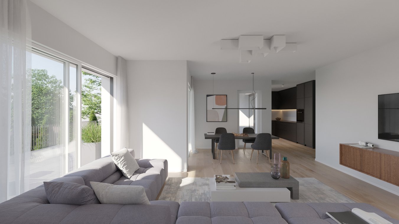 Φωτεινό σαλόνι με τραπεζαρία, μοντέρνα κουζίνα και μεγάλες πανοραμικές τζαμαρίες, λεπτομερής 3D απεικόνιση από gmsvision