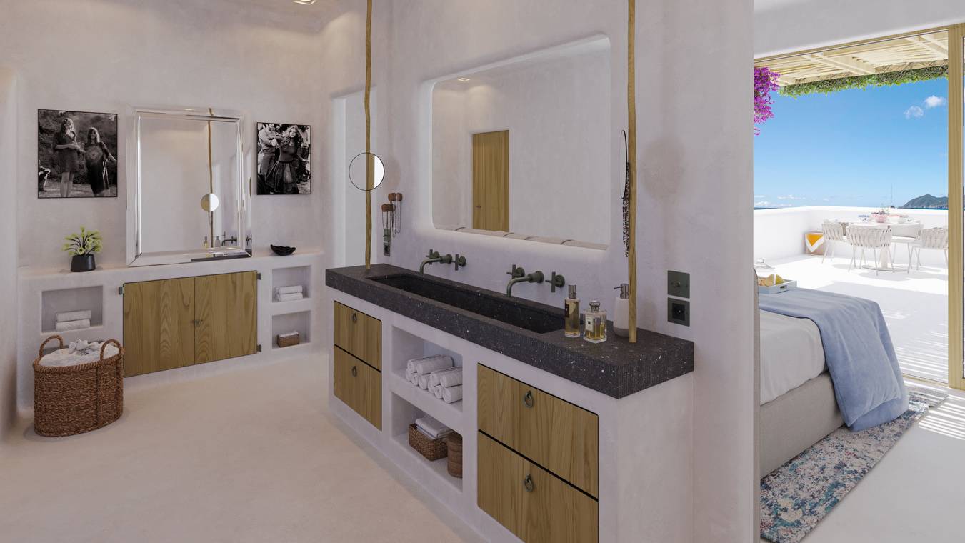 Πολυτελές μπάνιο με φυσικά υλικά σε μεσογειακή βίλα στην Ίμπιζα – εσωτερική απεικόνιση