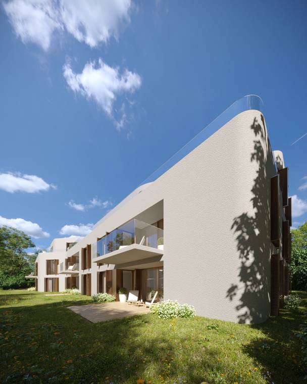 Απεικόνιση στο φως της ημέρας ενός σύγχρονου κτιρίου κατοικιών στην οδό Benediktenwandstraße στο Βερολίνο