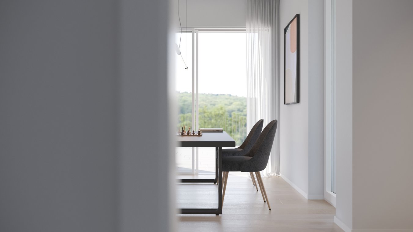 Μινιμαλιστική τραπεζαρία με μοντέρνες καρέκλες και φυσικό φως από μεγάλα παράθυρα, κομψή 3D απεικόνιση από gmsvision