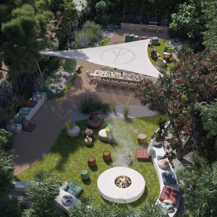 Κοινόχρηστος κήπος με fire pit και lounge χώρο σε σύγχρονο συγκρότημα κατοικιών στην Ibiza
