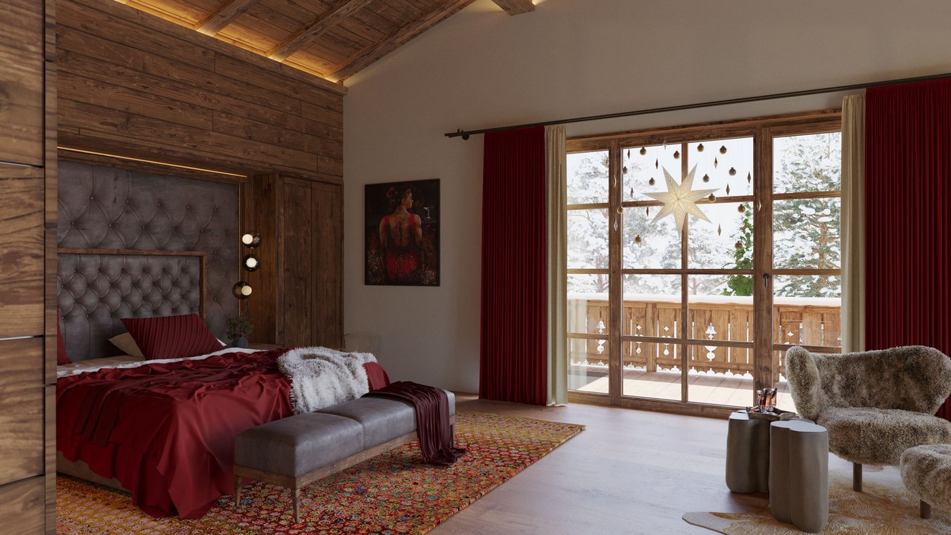 D απεικόνιση άνετου υπνοδωματίου με ξύλινους τοίχους, κόκκινες κουρτίνες, χριστουγεννιάτικο αστέρι και μπαλκόνι με θέα στο Κιτσμπιχέλ.