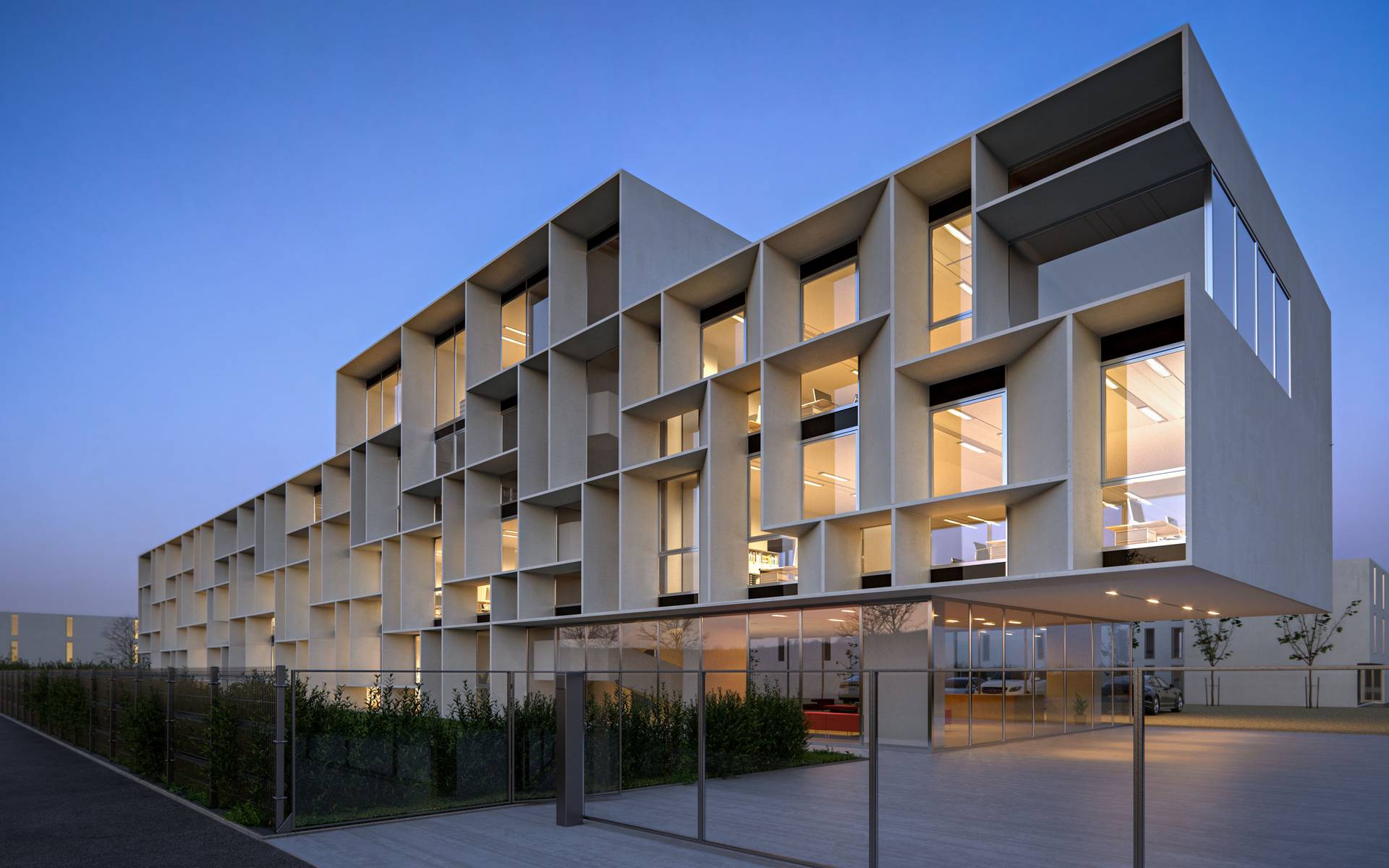 3D απεικόνιση του κτιρίου γραφείων Bentini Headquarters στην Ιταλία με σύγχρονη αρχιτεκτονική