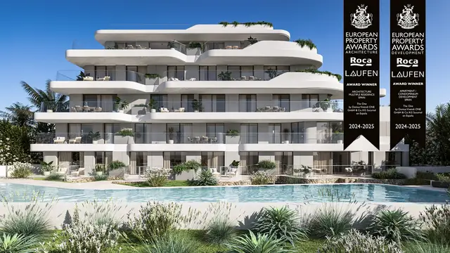 3D αρχιτεκτονική απεικόνιση πολυτελούς συγκροτήματος κατοικιών με καμπύλες βεράντες και πισίνα στην Ίμπιζα