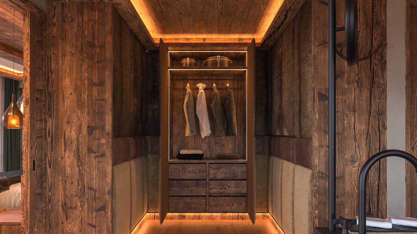3D rendering πολυτελούς walk in wardrobe σε σαλέ με ζεστό ξύλινο σχεδιασμό