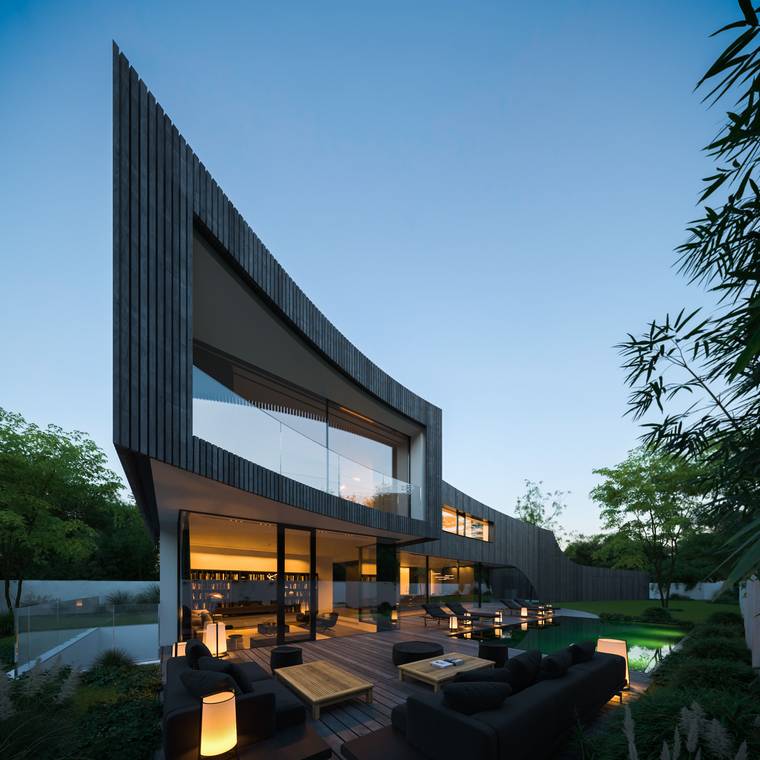 φωτορεαλιστικό 3D rendering μοντέρνας κατοικίας με πισίνα και εξωτερικό χώρο lounge