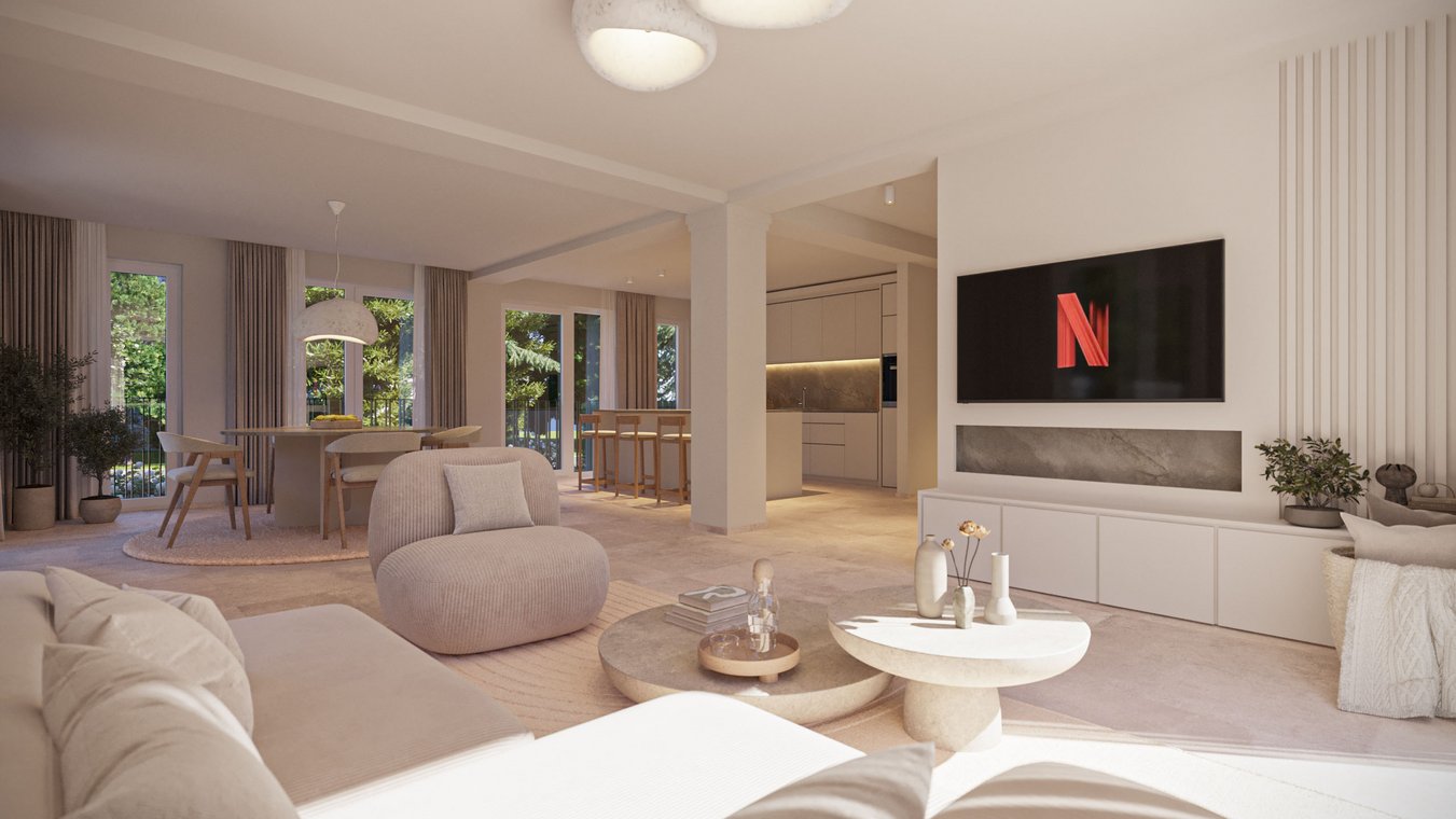 Αρχιτεκτονική απεικόνιση Αννόβερο – μινιμαλιστικό σαλόνι με κομψή διακόσμηση και ενσωματωμένο χώρο τηλεόρασης