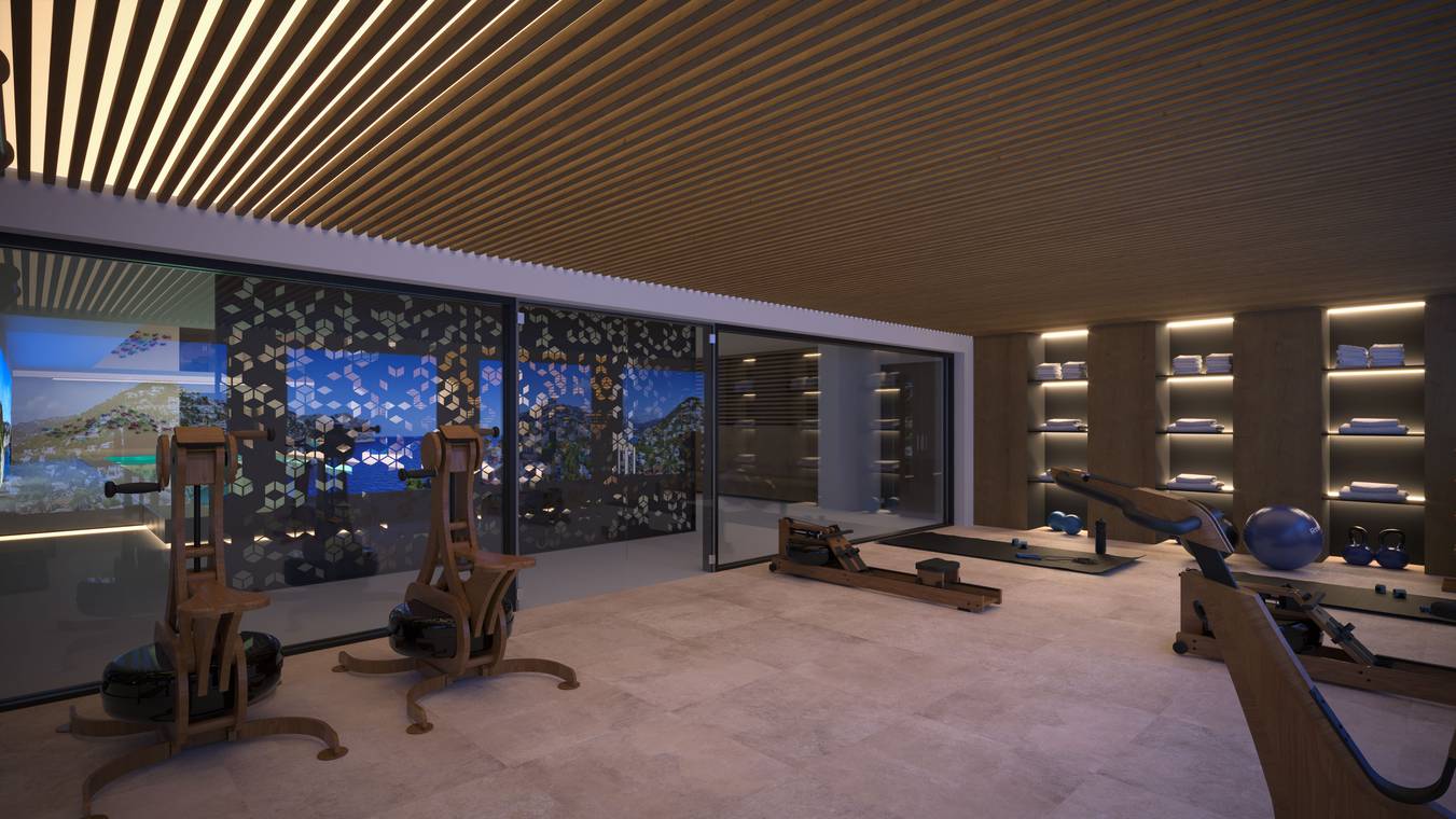 Χώρος γυμναστηρίου με σύγχρονο εξοπλισμό και θέα στη θάλασσα – εσωτερική απεικόνιση γυμναστηρίου