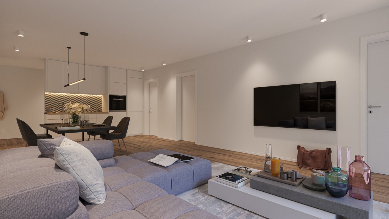 Σαλόνι με ανοιχτή κουζίνα, τραπεζαρία και μοντέρνο φωτισμό, ρεαλιστική 3D απεικόνιση από gmsvision