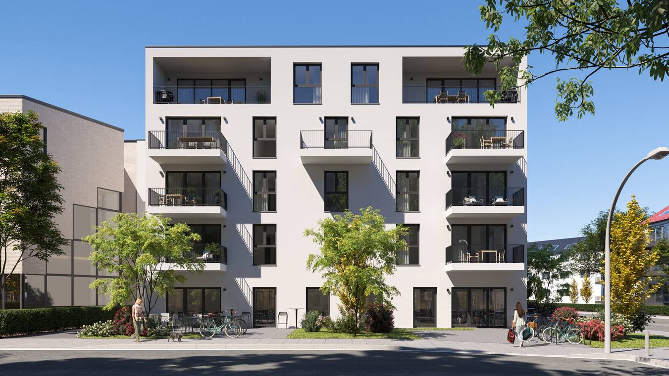Αρχιτεκτονικός φωτορεαλισμός της Villa Aurelia – κομψή μπροστινή όψη σύγχρονης πολυκατοικίας με συμμετρικά μπαλκόνια, μεγάλα παράθυρα και καλαίσθητη φύτευση.