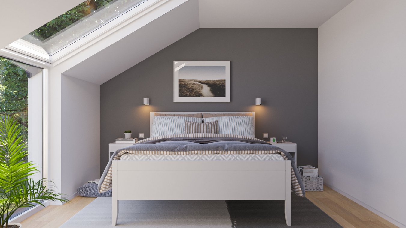 Υπνοδωμάτιο με μεγάλο φεγγίτη και μοντέρνα διακόσμηση.