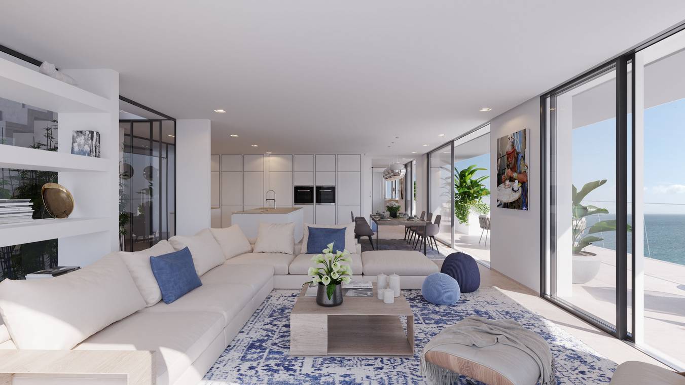 3D απεικόνιση μοντέρνου σαλονιού στην Ίμπιζα με φωτεινή διακόσμηση, μεγάλες τζαμαρίες και θέα στη θάλασσα.