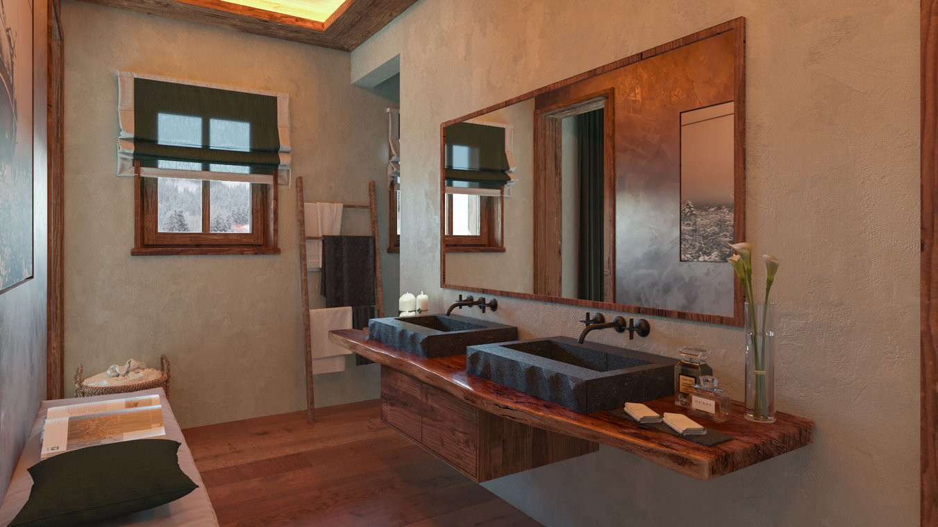 3D απεικόνιση ενός πολυτελούς μπάνιου με διπλούς νιπτήρες από πέτρα, ξύλινες λεπτομέρειες και αίσθηση αλπικού σπα, σχεδιασμένο από την gmsvision.