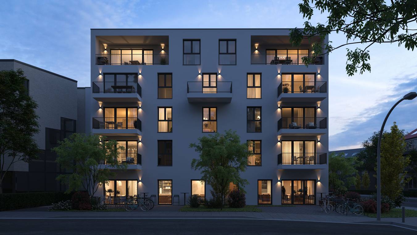 Αρχιτεκτονικός φωτορεαλισμός της Villa Aurelia το σούρουπο – φωτισμένα μπαλκόνια και παράθυρα δημιουργούν μια ζεστή και φιλόξενη ατμόσφαιρα στο σύγχρονο κτίριο κατοικιών.
