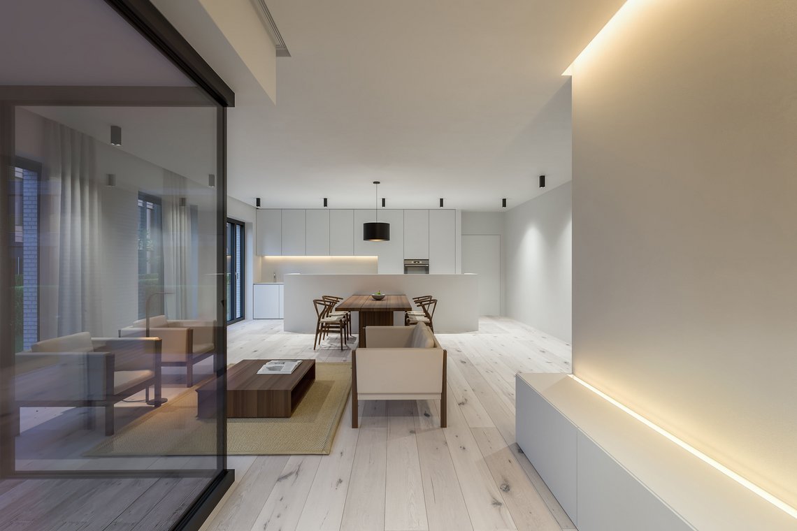 3D απεικόνιση μοντέρνου εσωτερικού χώρου με ανοιχτή κουζίνα και καθιστικό, μινιμαλιστική διακόσμηση, λευκά ντουλάπια και λεπτομέρειες από φυσικό ξύλο