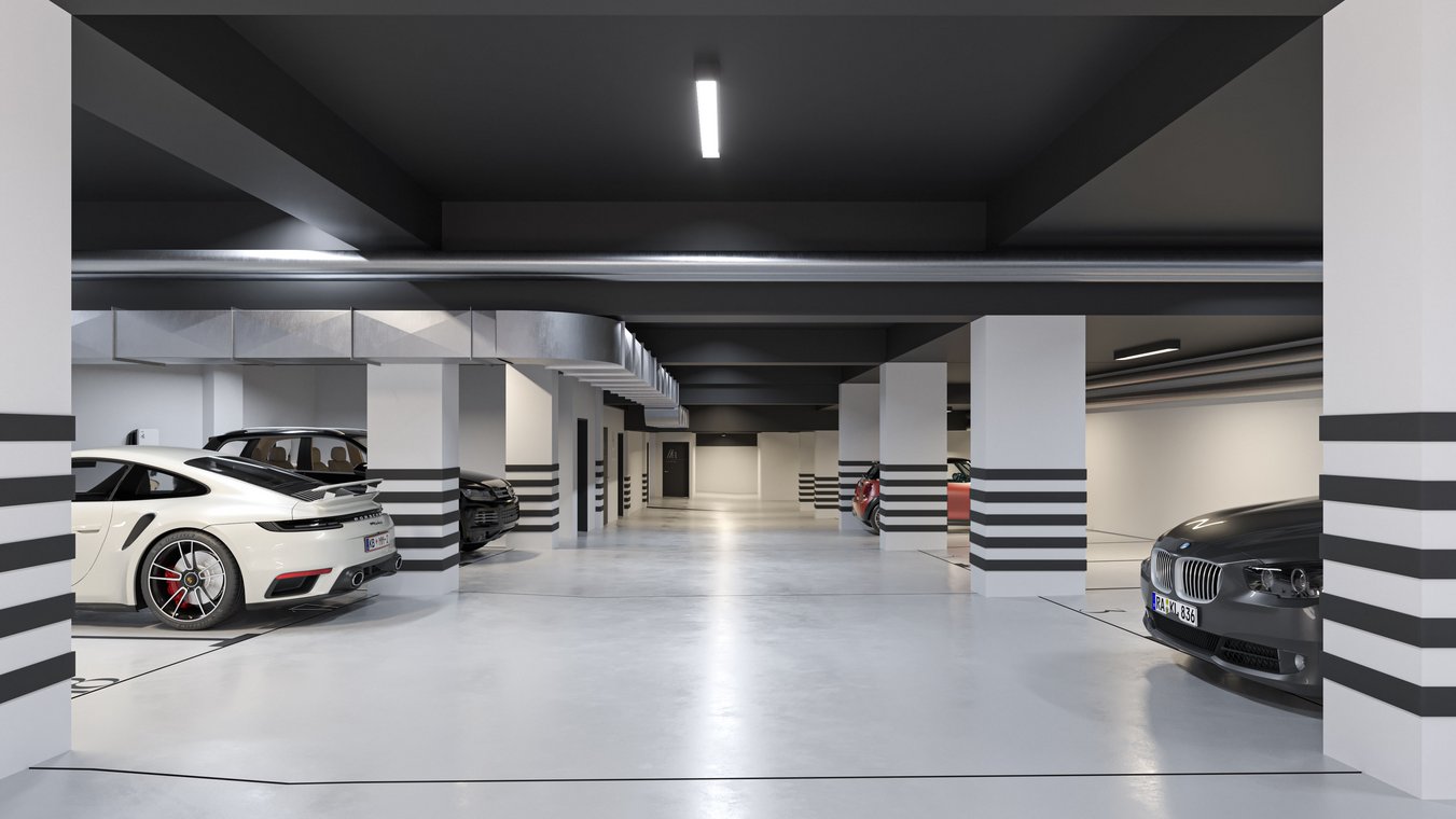 3D απεικόνιση υπόγειου γκαράζ στην Άουγκσμπουργκ – σύγχρονο πάρκινγκ με πολυτελείς θέσεις αυτοκινήτων