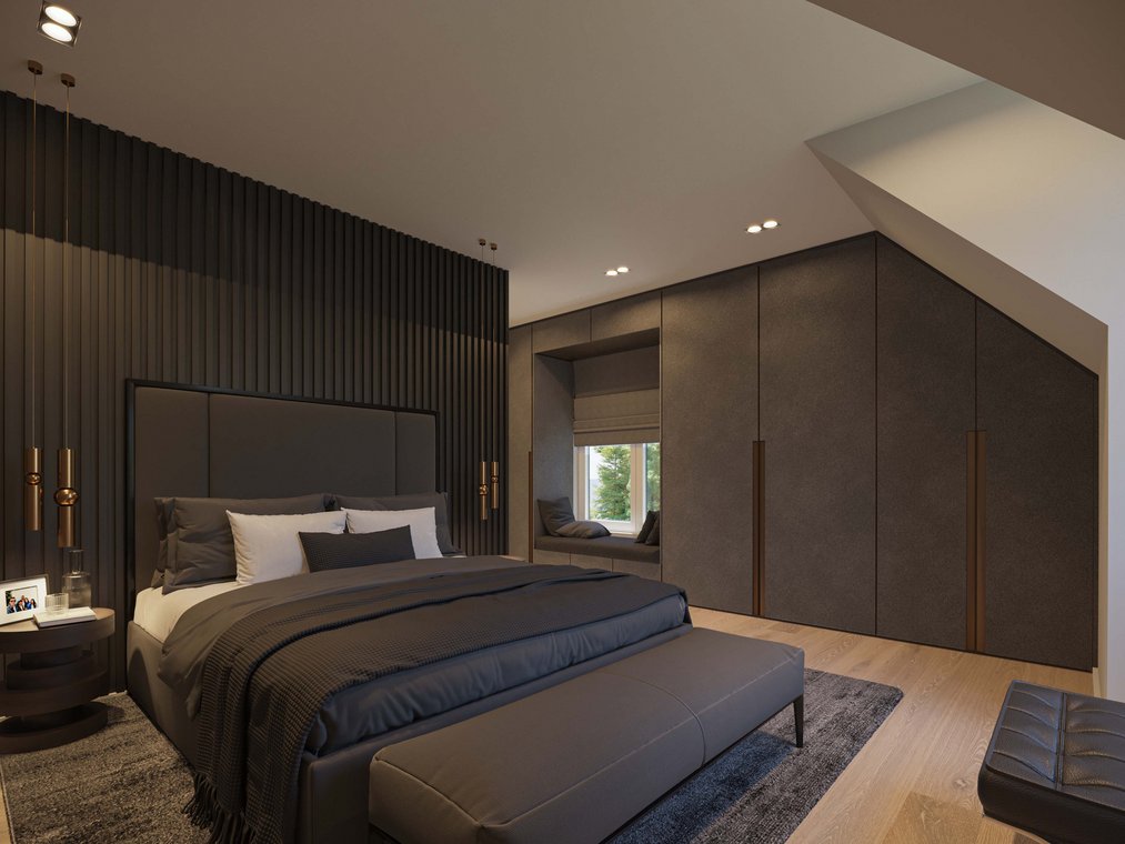 Υπνοδωμάτιο σε σκούρους τόνους με μεγάλο κρεβάτι και εντοιχισμένες ντουλάπες, λεπτομερής 3D απεικόνιση από gmsvision.