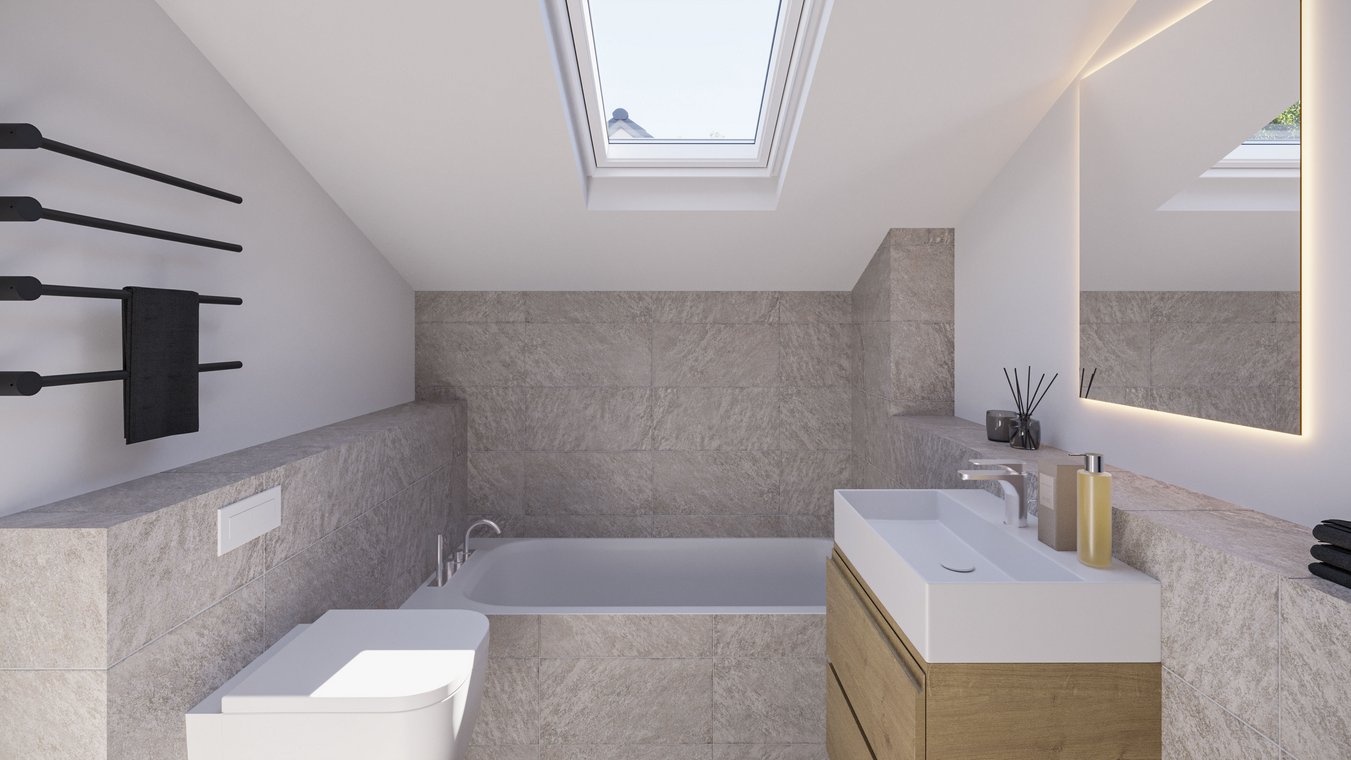 3D Αρχιτεκτονικός φωτορεαλισμός κομψού μπάνιου με φεγγίτη, μοντέρνα μπανιέρα και φωτιζόμενο καθρέφτη, από gmsvision.