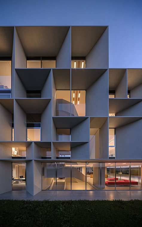 3D απεικόνιση της γεωμετρικής πρόσοψης των κεντρικών γραφείων Bentini με έντονες γραμμές και θερμά φωτισμένα γραφεία.