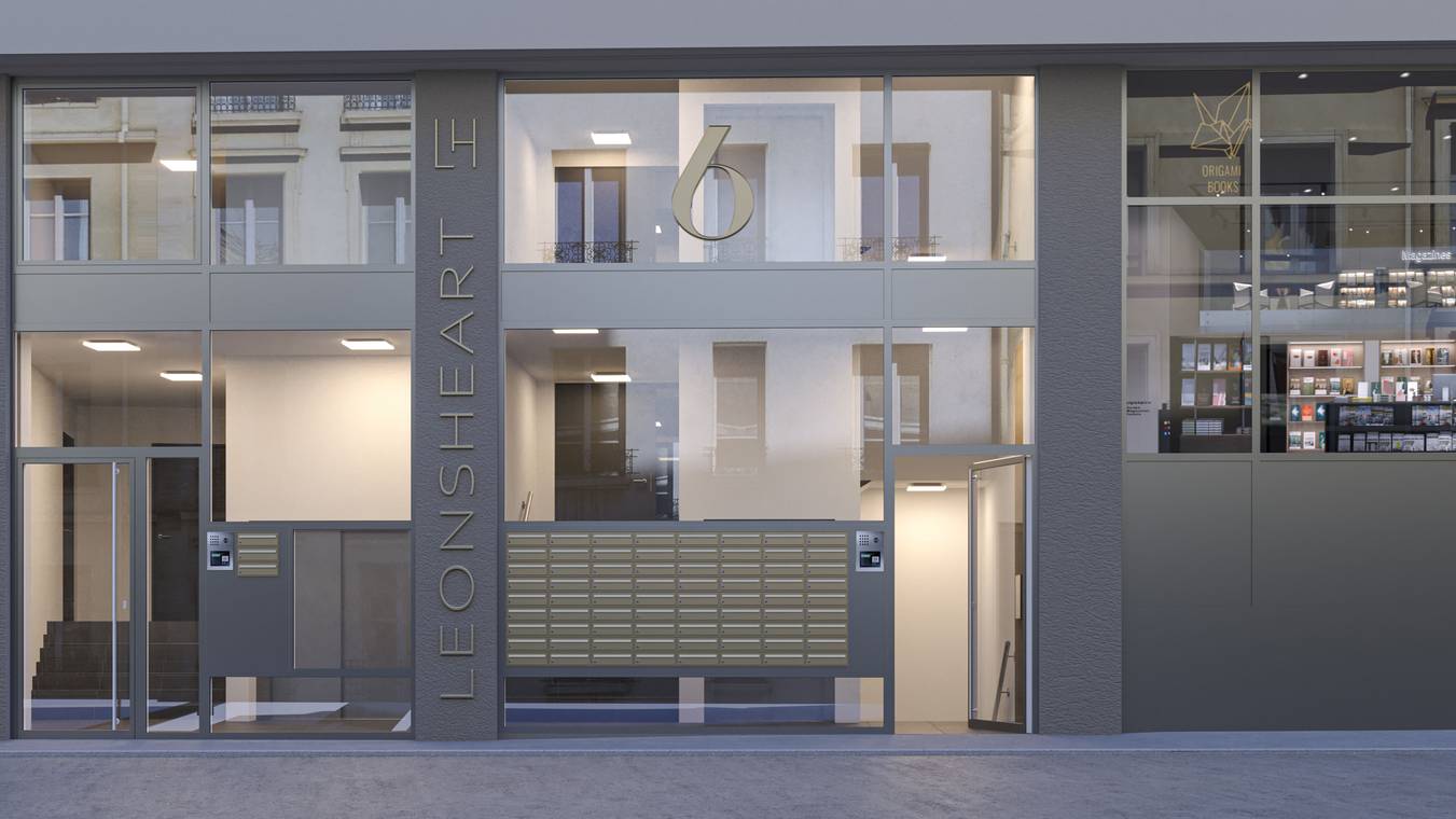 3D αρχιτεκτονική απεικόνιση Άουγκσμπουργκ – σύγχρονη είσοδος Leonsheart με γυάλινη πρόσοψη και γραμματοκιβώτια