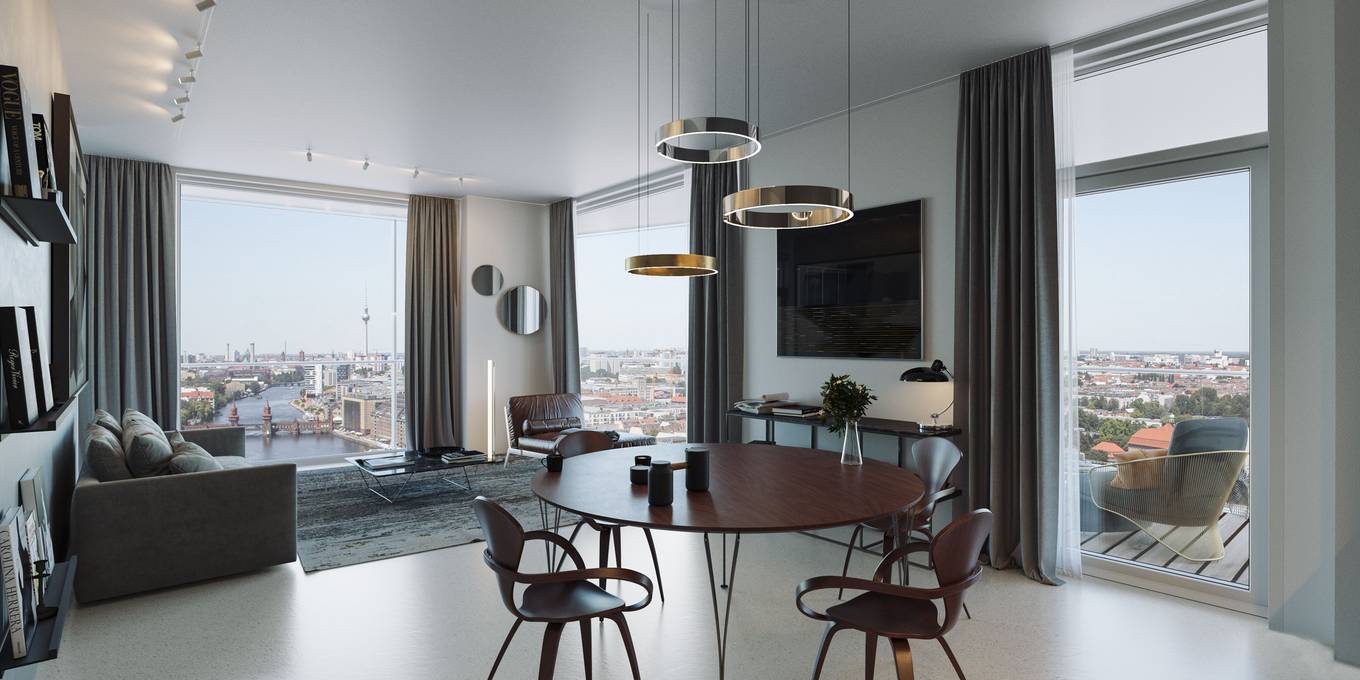 3D εσωτερική απεικόνιση σύγχρονου διαμερίσματος στο Βερολίνο με θέα στον ποταμό Spree