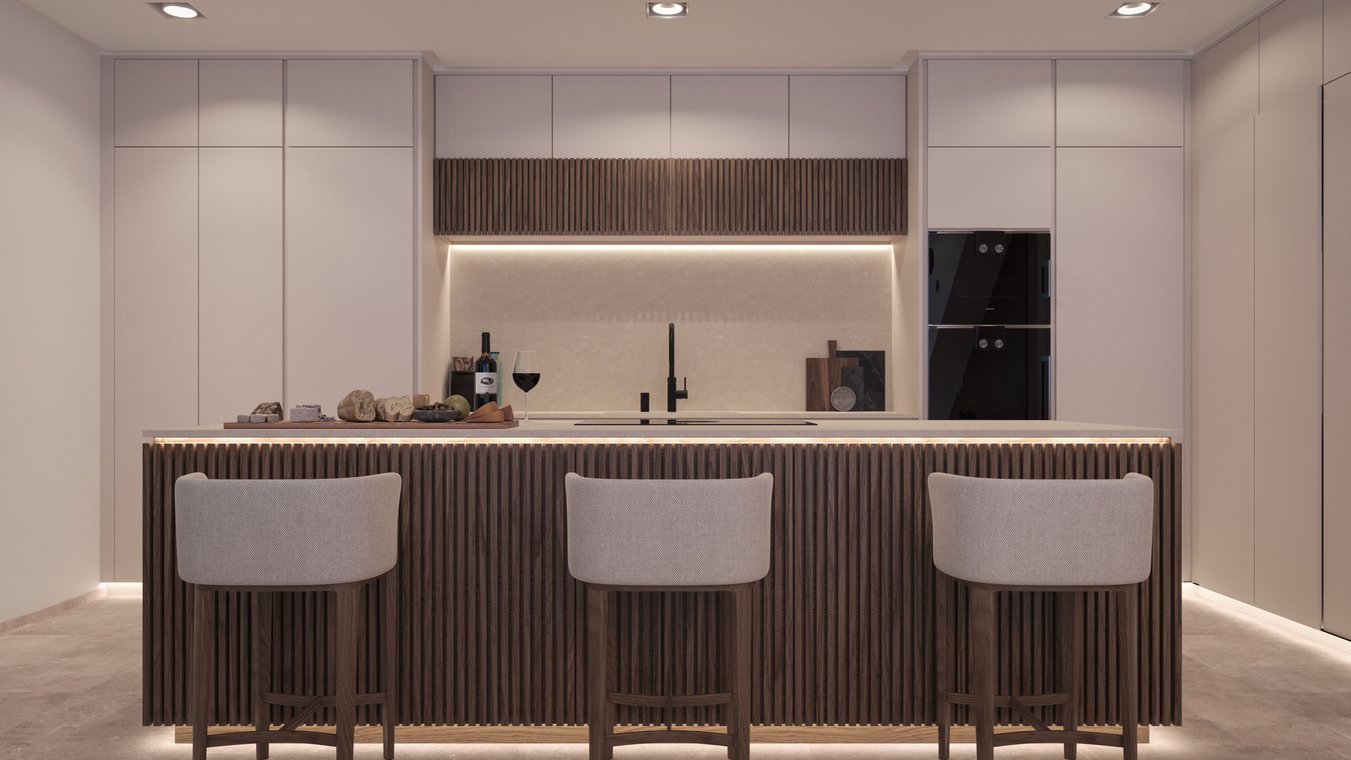 3D απεικόνιση της κομψής κουζίνας του έργου Blue Elements με κεντρικό νησί ξύλινων λεπτών λωρίδων, μοντέρνα σκαμπό μπαρ, κομψό φωτισμό και μπουκάλι κρασί με διάταξη ψωμιού