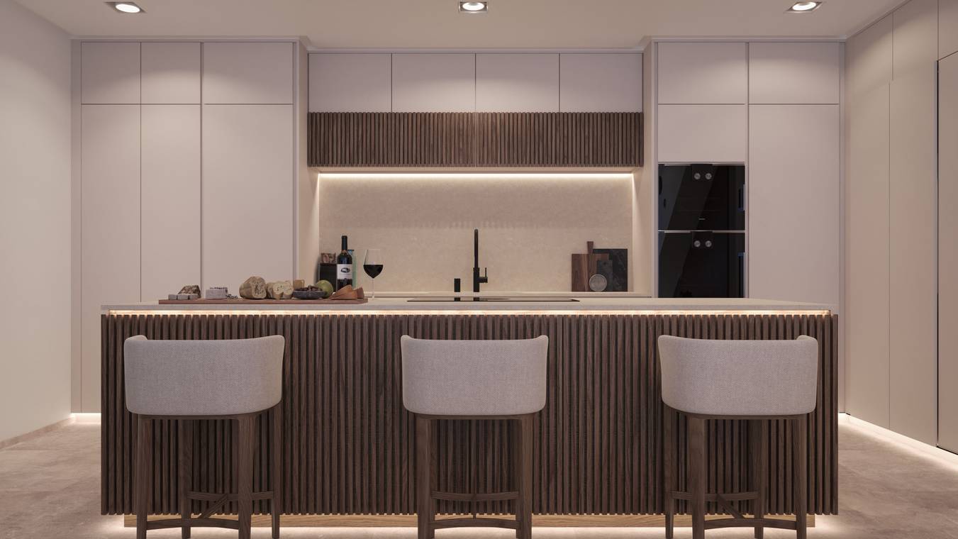 Σύγχρονη νησίδα κουζίνας με σκαμπό και έμμεσο φωτισμό – εσωτερική απεικόνιση πολυτελούς διαμερίσματος Μαγιόρκα