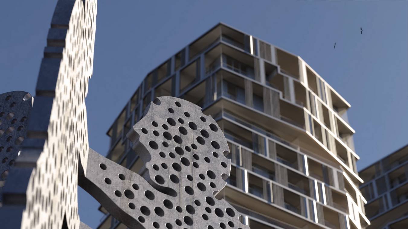 Λεπτομέρεια του γλυπτού Molecule Man μπροστά από σύγχρονη αρχιτεκτονική ουρανοξυστών στο Βερολίνο