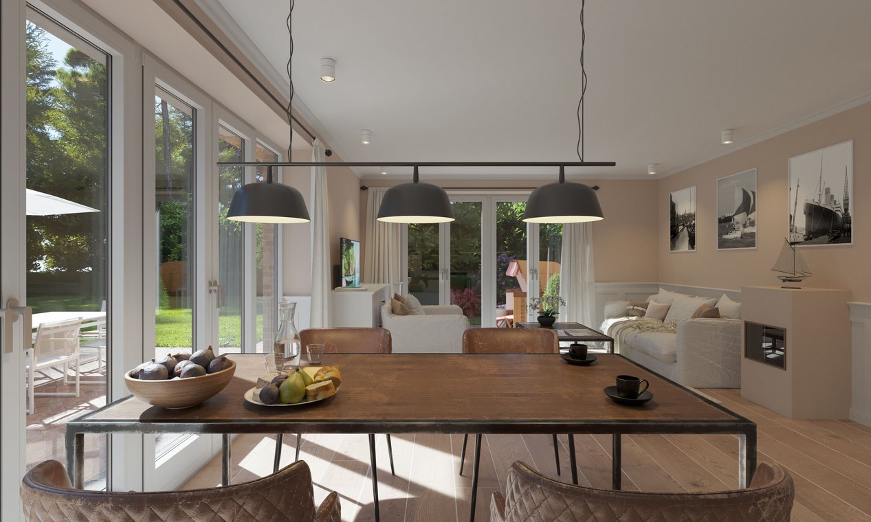 Αρχιτεκτονικός φωτορεαλισμός φωτεινής τραπεζαρίας με ξύλινο τραπέζι, μεγάλες γυάλινες πόρτες και θέα προς το σαλόνι.