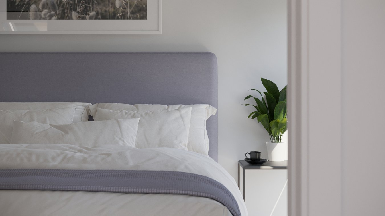 Λεπτομερής άποψη υπνοδωματίου με κρεβάτι, προσκέφαλο και πράσινο φυτό, υψηλής ποιότητας 3D απεικόνιση από gmsvision