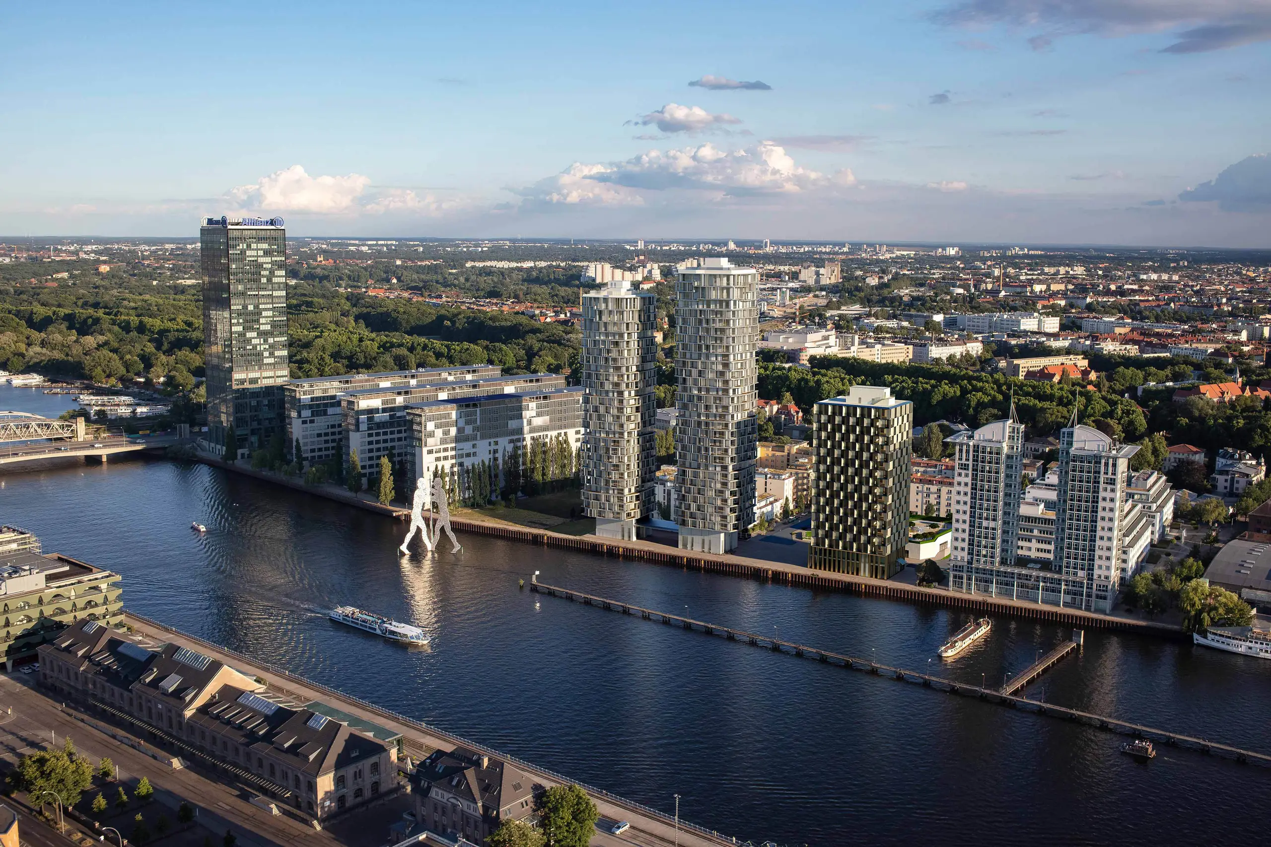 Φωτορεαλιστική αρχιτεκτονική απεικόνιση σύγχρονων πύργων κατοικιών στον ποταμό Spree στο Βερολίνο