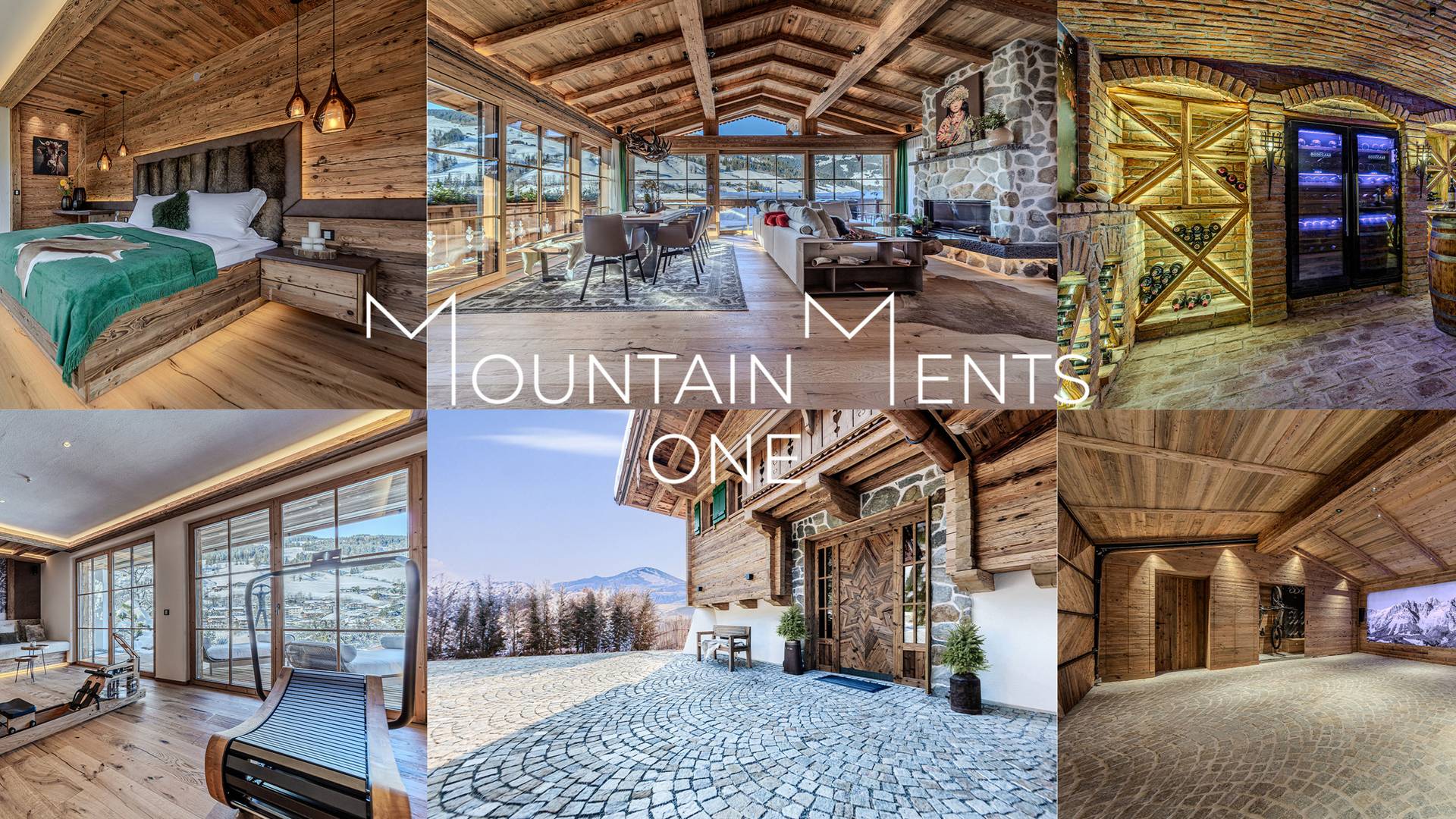 Κολάζ φωτορεαλιστικών 3D απεικονίσεων του έργου Mountainments ONE από την gmsvision με εσωτερικούς και εξωτερικούς χώρους.