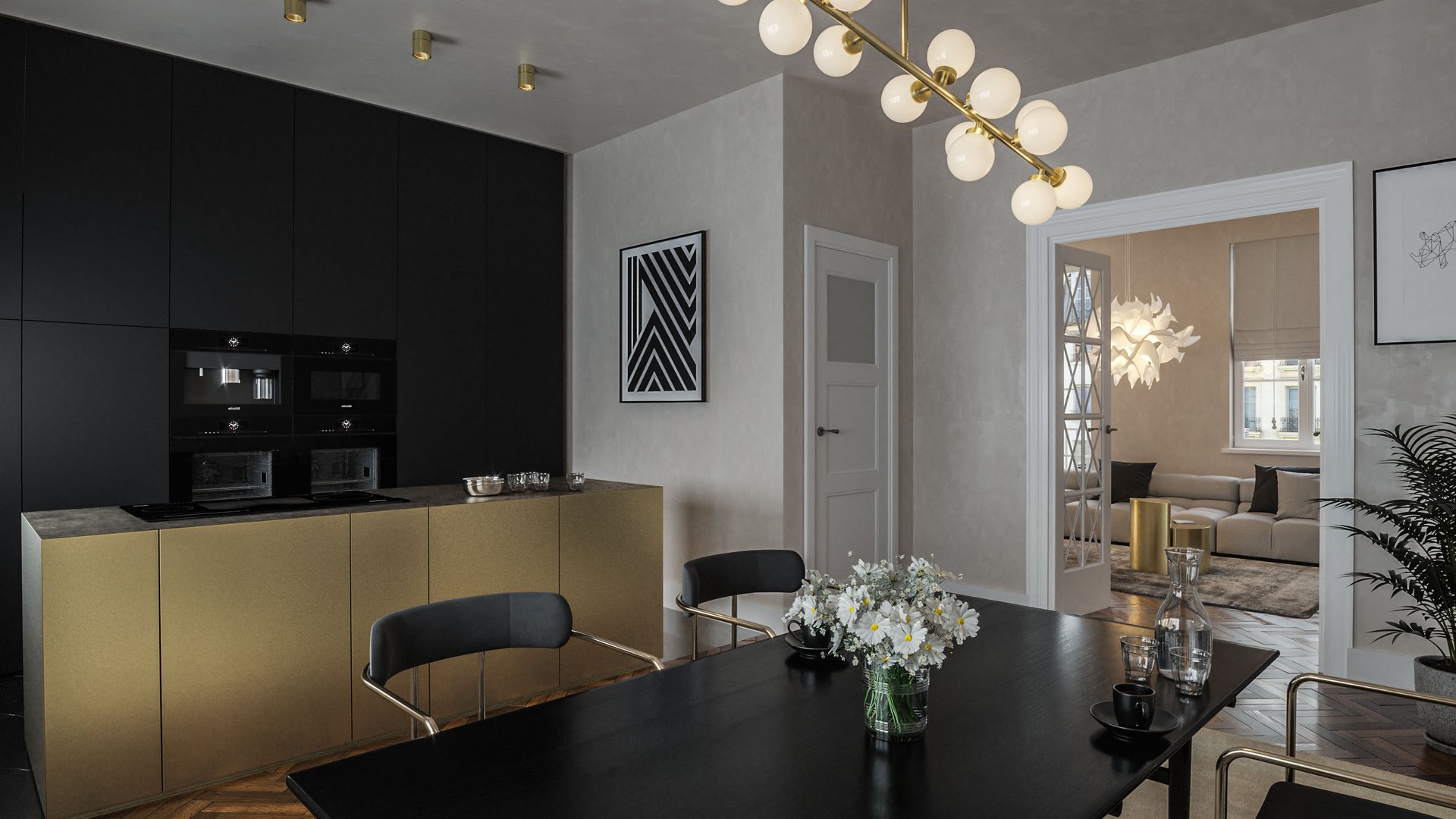 Αρχιτεκτονικός φωτορεαλισμός μοντέρνας κουζίνας με μαύρα ντουλάπια, χρυσή νησίδα και κομψό χώρο τραπεζαρίας στο Αμβούργο, με εντυπωσιακό φωτιστικό οροφής.