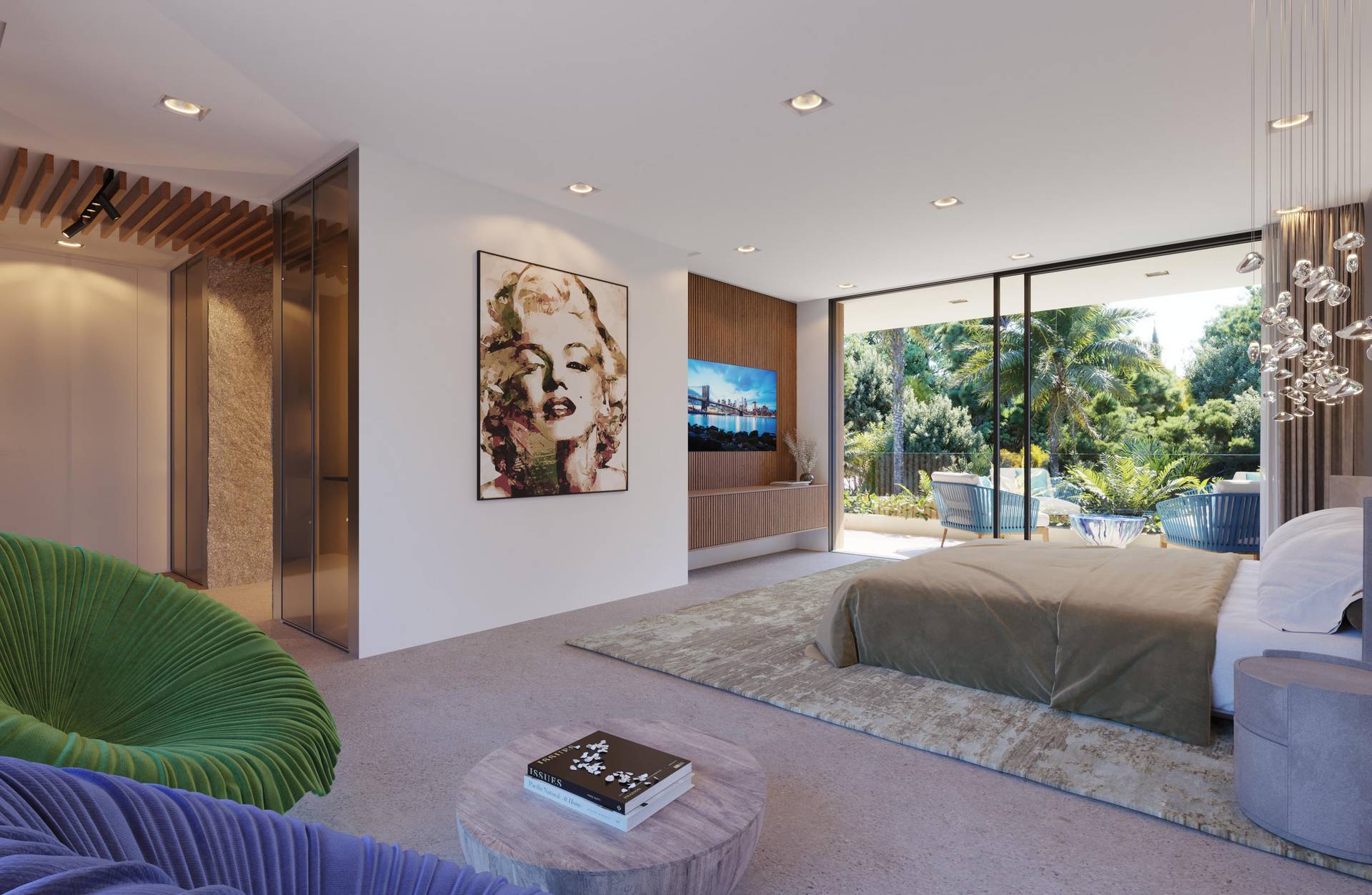 Πρώτη προεπισκόπηση rendering σύγχρονου υπνοδωματίου για έλεγχο προοπτικής, φωτισμού και υλικών στη διαδικασία αρχιτεκτονικής απεικόνισης