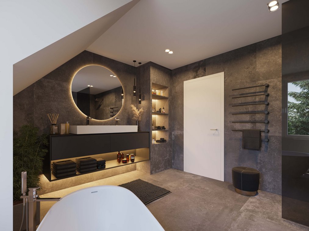 Πολυτελές μπάνιο με σκούρα πλακάκια, φωτιζόμενο καθρέφτη και ελεύθερη μπανιέρα, κομψή 3D απεικόνιση από gmsvision