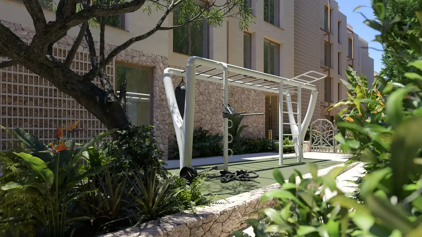 Αρχιτεκτονική απεικόνιση outdoor gym με μεσογειακό κήπο – ATLANTIS Ibiza