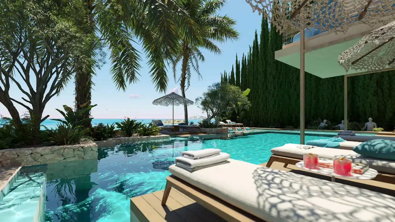 Αρχιτεκτονική απεικόνιση ιδιωτικός beachclub με πισίνα και θέα θάλασσα – ATLANTIS Ibiza