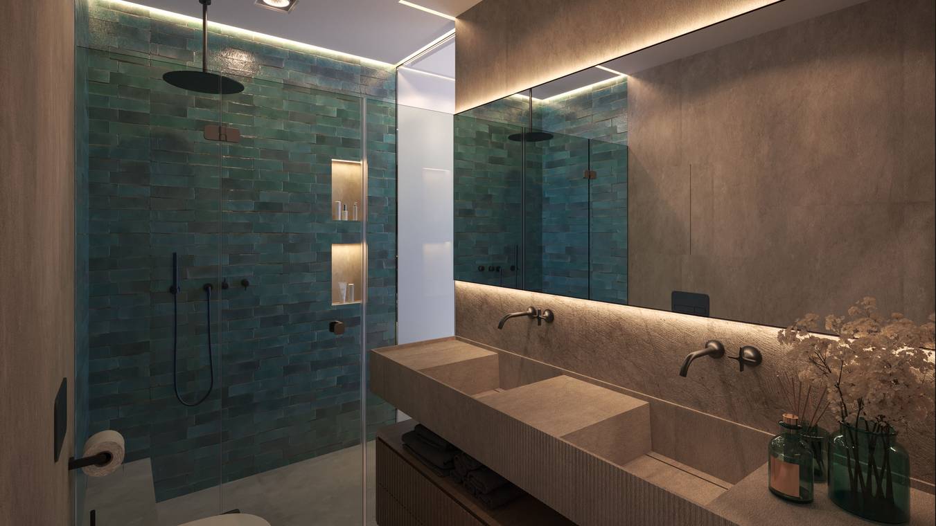 Σύγχρονο μπάνιο με πέτρινο νιπτήρα και πράσινα πλακάκια – φωτορεαλιστική εσωτερική απεικόνιση