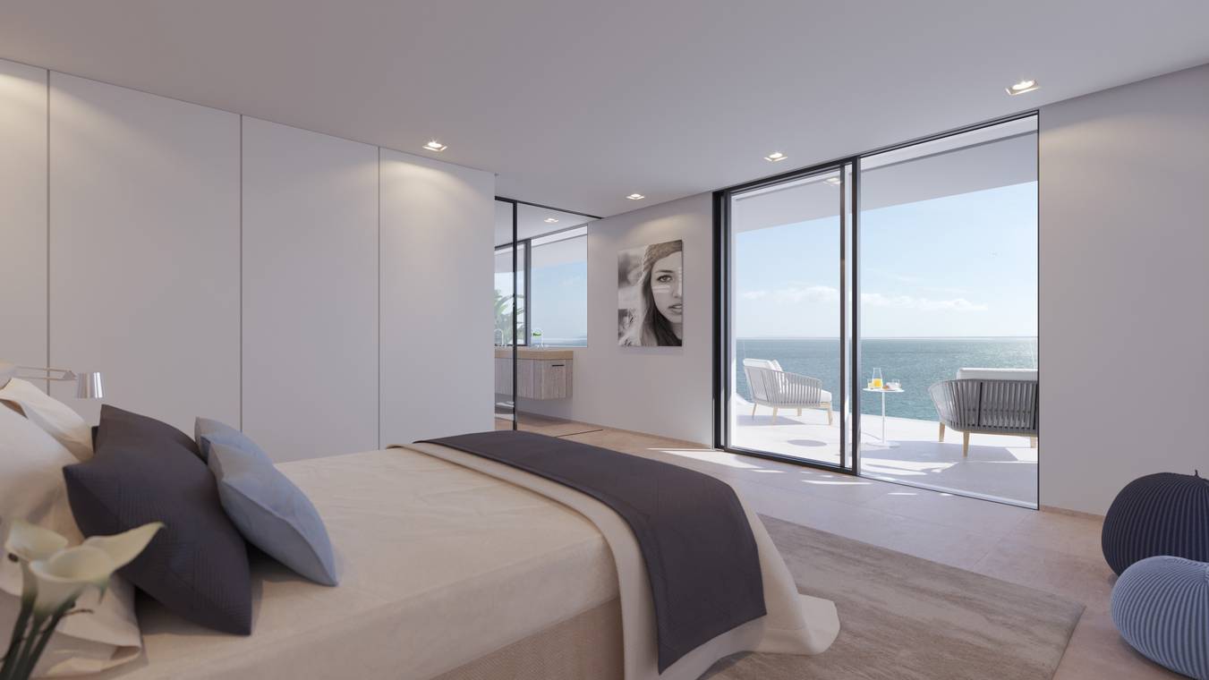 3D απεικόνιση κομψού υπνοδωματίου στην Ίμπιζα με μινιμαλιστικό σχεδιασμό, μπαλκόνι και πανοραμική θέα στη θάλασσα.