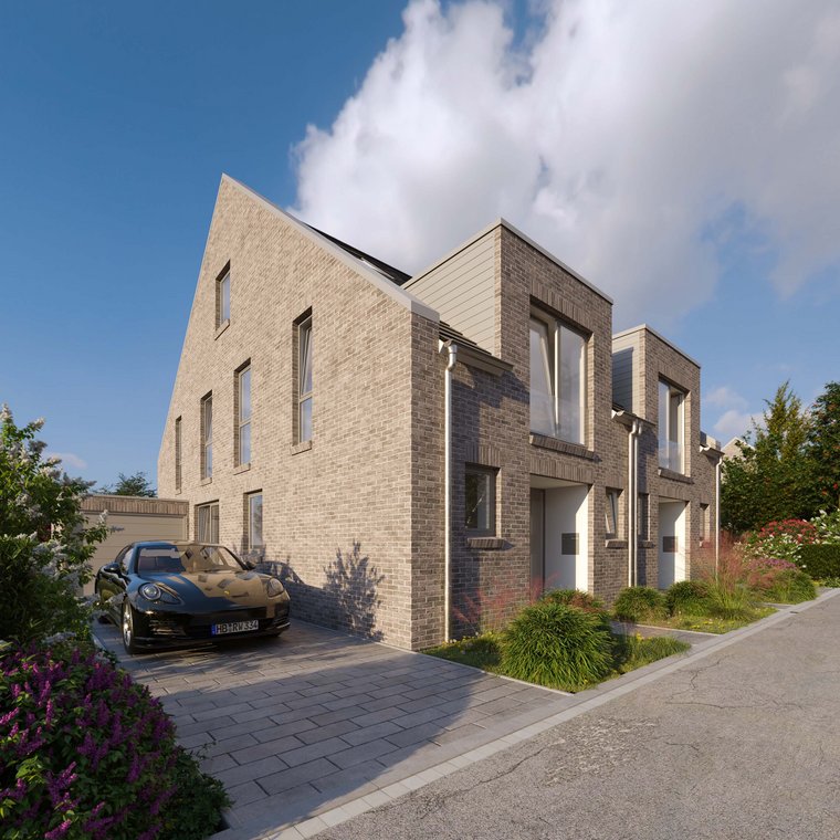 Σύγχρονη μεζονέτα με πρόσοψη από τούβλο και ιδιωτική είσοδο, αρχιτεκτονική απεικόνιση Am Heiddamm.
