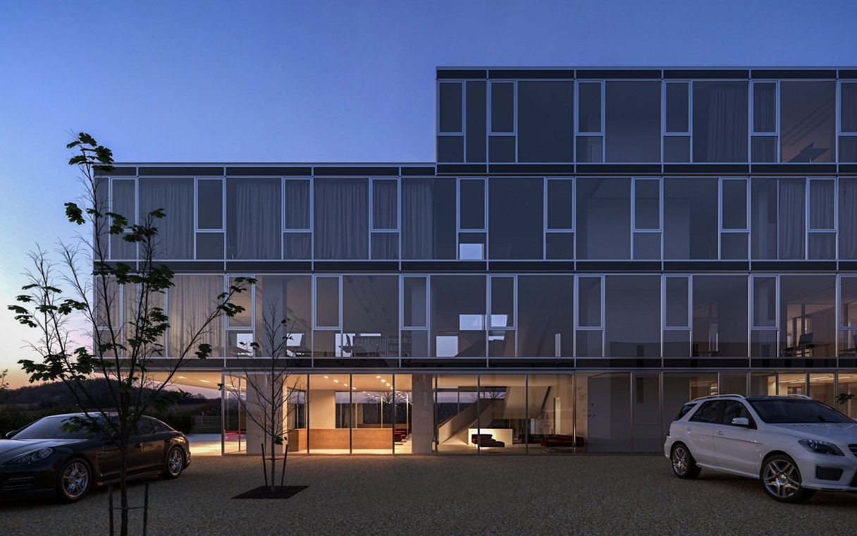 3D απεικόνιση ενός σύγχρονου κτιρίου γραφείων στην Ιταλία με γυάλινη πρόσοψη, σταθμευμένα αυτοκίνητα και απογευματινή ατμόσφαιρα.