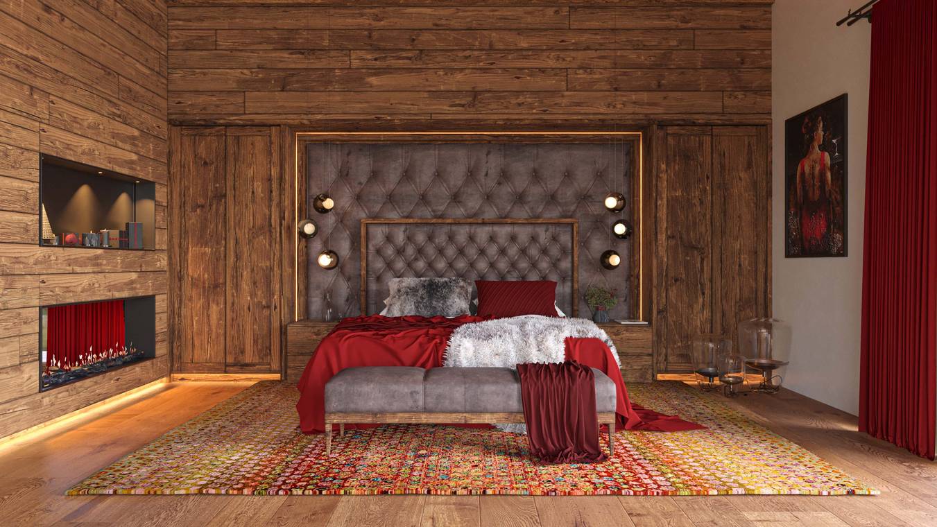 3D rendering πολυτελούς υπνοδωματίου chalet με τζάκι και ξύλινο σχεδιασμό