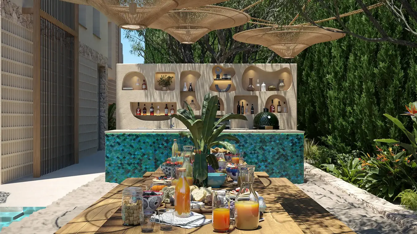 3D απεικόνιση εξωτερική μπαρ και BBQ lounge με ψηφιδωτά πλακάκια – ATLANTIS Ibiza