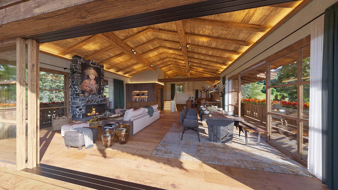 φωτορεαλιστικό 3D rendering σαλονιού πολυτελούς αλπικού σαλέ με τζάκι