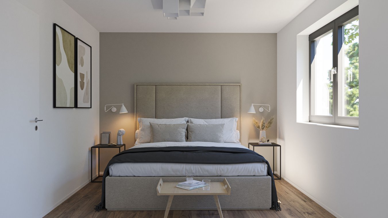 Υπνοδωμάτιο με διπλό κρεβάτι, κομοδίνα, φωτιστικά και διακόσμηση τοίχου, λεπτομερής 3D απεικόνιση από gmsvision