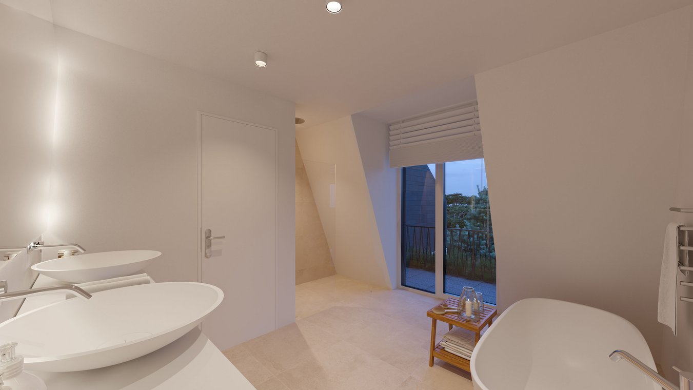 3D αρχιτεκτονικός φωτορεαλισμός από την gmsvision, που απεικονίζει μοντέρνο μπάνιο με αυτόνομη μπανιέρα, διπλούς νιπτήρες, ντουζιέρα walk-in και θέα στο μπαλκόνι στο λυκόφως.